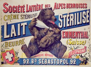 来自Societe Laitiere des Alpes Bernoises的海报广告灭菌牛奶，黄油和Emmenthal奶酪，1895-1900