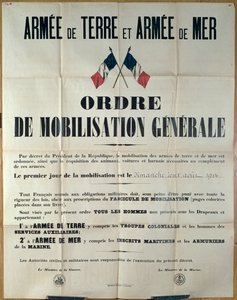 1914年8月2日，战争和海军部在法国宣布总动员的海报 作者 法语学校
