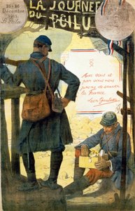 Poster for “” La journée du poilu - 25 et 26 décembre 1915”” with the quote of Léon Gambetta “” With you and by you we swear to save France””. (a hairy opening the box received from his family). 作者 法语学校