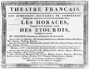 皮埃尔·科内尔（1606-84）在1812年巴黎皇家剧院演出Les Horaces的海报