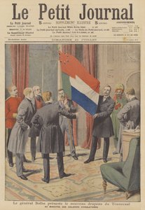 路易斯-博塔总理向英国殖民地赠送德兰士瓦殖民地的新旗帜（彩色平印）。 作者 法语学校