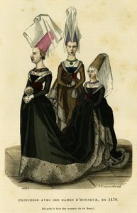 公主与她的侍女们，约 1470 年。彩色版画，根据《勒内国王的比武》一书绘制，收录于奥古斯丁-查拉梅尔（Augustin Challamel）编著的《法国和法国人走过的时代》（France et les francais a travers les siecles），F.Roy 编辑，巴黎，1882 年。塞尔瓦收藏。 作者 法语学校