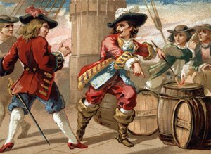 Privateer Jean Bart (1650-1702) threatened an English privateer who took him prisoner by threatening him to blow up his ship by setting fire to a barrel of powder. Chromolithography of the late 19th century 作者 法语学校