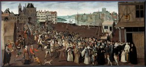 格雷夫广场的联盟游行离开巴黎的圣让拱廊法国巴黎绘画。 1590 太阳。 1x2,12 m 巴黎，Musee Carnavalet - 联盟游行在 Place de Greve 离开巴黎的 Arcade St. Jean。 绘画的 作者 法语学校
