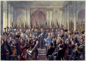 1871年1月18日，法国在1870年对普鲁士战争中战败后，德意志帝国在凡尔赛冰廊宣告成立。威廉一世（1797-1888 年）称帝。19 世纪巴黎，卡纳瓦罗博物馆 作者 法语学校
