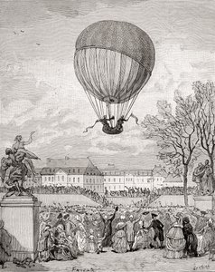 Jacques Charles教授和Nicolas-Louis Robert教授于1783年12月1日在巴黎Tuilleries花园驾驶世界上第一个载人氢气球，摘自《法国历史》，约1880年出版（雕刻）。 作者 法语学校