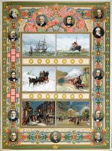 维多利亚女王统治时期的进步（1819-1901）。帆船，蒸汽船，蒸汽火车和燃气和电动街道照明，1887年 作者 法语学校