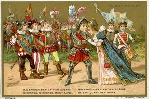 巴黎百货商店AuBonMarché的促销卡片，描绘了法语中最受欢迎的民谣和儿童歌曲之一，Marlbrough sen va-t-en guerre（Marlborough已离开） 作者 法语学校