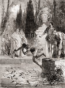出版于1870年的《 Les Merveilles de la Science》，罗马马术者Publius Vedius Pollio为他的七lamp鳗饲养奴隶 作者 法语学校
