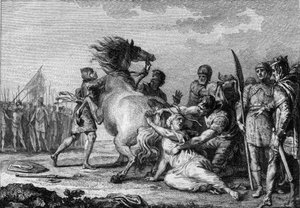 Punishment of Brunehaut, 613: Brunehaut or Brunehilde (543-613), queen of Austrasia, is attached to the tail of an indomitable horse before being dragged to the ground. Engraving of the 18th century. 作者 法语学校