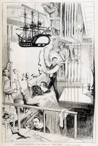 1888 年 1 月 28 日在“Le Monde illustré”中的巴黎歌舞表演黑色聊天幕后的木偶戏。 作者 法语学校