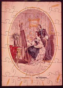 描绘妇女在画架前作画的拼图，约1840-50（彩色平版印刷）。 作者 法语学校
