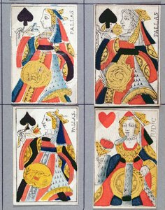 黑桃皇后和红心女王扑克牌，17至18世纪（彩色木版画） 作者 法语学校