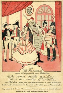 回顾 1914 年的米其林轮胎。巴黎人的生活》（La Vie Parisienne）由《必比登》（Bibendum）评论和增补："我将成为您在绚丽世界的向导，因为米其林我的父亲为您提供了世界上最美丽的汽车旅游组织"。墙上挂着一个画框 作者 法语学校
