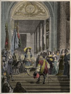 路易十四在凡尔赛接待大康德 - 大使楼梯 - 1674年法国国王路易十四在凡尔赛接待大康德（波旁康德的路易二世）。 作者 法语学校
