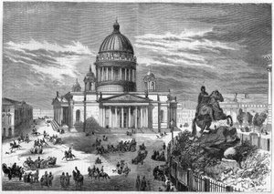宗教建筑：俄罗斯圣彼得堡（Saint Petersburg）的圣艾萨克东正教教堂（1819-1858）的景观，该教堂是根据建筑师里卡德-蒙费朗（1786-1858）的计划建造的。右边是彼得大帝的马术雕像。 作者 法语学校
