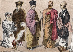 亚洲的宗教服饰：从帕西神父（帕西主义的追随者）、喇嘛（西藏精神导师）、中国佛教僧侣、锡兰和尚和日本佛教僧侣的肖像 - 雕刻 - 亚洲的宗教服饰：从左到右 作者 法语学校