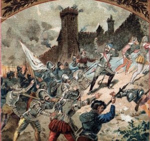 Religious wars: the Huguenots seized the castle of Dampierre in 1567. Chromolithography of the late 19th century 作者 法语学校