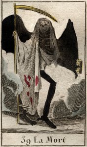 死神的代表，身穿黑衣和翅膀的骷髅，他拿着一把大假。(死神，有翅膀的骷髅，身着黑衣，手持镰刀）出自皮埃尔-布朗查德1803年的《青年神话》。 作者 法语学校