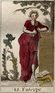 表现音乐的缪斯Euterpe，被音乐书包围着，吹着双笛（aulos）（Euterpe，音乐的缪斯，描绘着手持双笛（aulos））。摘自皮埃尔-布兰查德1803年的《青年神话》。 作者 法语学校