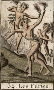 迫害神职人员的复仇女神，提斯芬尼、梅杰尔和阿勒克顿的表现，作为discharnees（复仇女神，提斯芬尼，梅杰尔和阿勒克托，表现为憔悴的妇女）。摘自皮埃尔-布朗查德1803年的《青年神话》。 作者 法语学校
