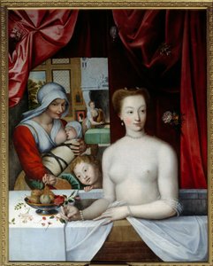 表现蒙索侯爵夫人加布里埃尔-德-埃斯特里（1573-1599）在洗澡时的情景，她身边的护士正在护理她的孩子。法国画派的绘画。16或17世纪。太阳。1,1x1,05米 尚蒂伊，康德博物馆 - 加布里埃尔-德-埃斯特雷斯，蒙索侯爵夫人 作者 法语学校