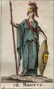 艺术、战争和科学女神米诺尔的代表。她穿着盔甲。(密涅瓦，战争、科学和艺术女神，用盔甲代表）。)摘自皮埃尔-布兰查德1803年的《青年神话》。 作者 法语学校