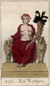 Representation of Nature as a woman on a throne with a horn of abundance, with many breasts to feed all beings. (The Nature as a young woman with a cornucopia and several teats in order to feed all the beings). From “Mythology of Youth” by Pierre Blanchard 作者 法语学校