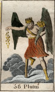 Plutus（普鲁托斯）的代表，财富之神，他戴着王冠，双目失明，随意抛出礼物。(普鲁托斯（Plutus）的代表，财富之神，他戴着王冠，双目失明，胡乱投掷礼物）。)摘自皮埃尔-布兰查德1803年的《青年神话》。 作者 法语学校