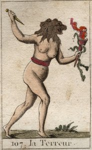 Representation of Terror, as a woman with a lion head, holding a knife and snakes. From “Mythology of Youth” by Pierre Blanchard 1803. 作者 法语学校