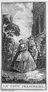 Representation of a scene from the piece “” Sganarelle ou le cuckold imaginaire”” (1660) by Jean Baptiste Poquelin dit Moliere (1622-1673). Engraving from 1738. 作者 法语学校