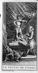 Jean Baptiste Poquelin dit Moliere（1622-1673）的作品“Dom juan ou le fen de Pierre”（1665 年）的场景再现。 1739 年的雕刻。 作者 法语学校