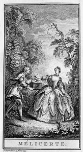 Jean Baptiste Poquelin dit Moliere (1622-1673) 作品“Melicerte”（1666 年）的场景再现。 1739 年的雕刻。 作者 法语学校