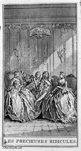 Jean Baptiste Poquelin dit Moliere (1622-1673)的作品 "珍贵的嘲笑"（1659年）的一个场景的表现。1738年的版画。 作者 法语学校