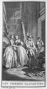Jean Baptiste Poquelin dit Moliere (1622-1673)的戏剧 "Les femmes savantes"（1672）的一个场景。1740年的版画。 作者 法语学校