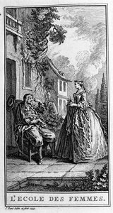 Jean Baptiste Poquelin dit Moliere (1622-1673)的戏剧《女人的学校》（1662年）的一个场景的表现。1739年的版画。 作者 法语学校