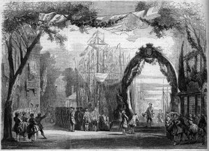 歌剧的表现："Le Chateau Trompette "第一幕的场景设计，根据Eugene Cormon（1811-1903）和Michel Carre（1822-1872）的剧本，以及Francois Auguste Gevaert（1828-1908）的音乐。巴黎，喜剧院 作者 法语学校