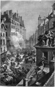 1830年的革命：在圣安托万大街的战斗。莫里斯-拉夏尔（Maurice Lachatre）的《历代教皇-资产-皇后和皇帝的历史》中的版画 作者 法语学校