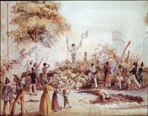 巴黎七月革命--8月1日圣马丁大道上的街垒（水彩画，约1830年 作者 法语学校