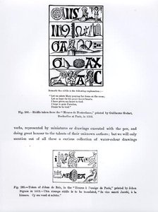 来自Heures de Nostredame的谜语，由Guillaume Godart于1513年印制，以及来自Heures a Lusaige de Paris的Jehan de Brie的令牌，由Jehan Bignon于1512年印制，插图来自Science and 作者 法语学校