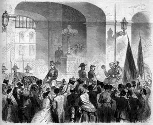 复兴运动，那不勒斯，1860年11月7日：意大利国王维克多-伊曼纽尔二世（Victor-Emmanuel）（Vittorio Emanuele）（1820-1878）在民众投票接受那不勒斯归属意大利王国后，进入那不勒斯王宫。 作者 法语学校
