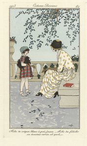白色 Crépon 连衣裙，带黄色圆点 - 樱桃和绿色格子呢女孩连衣裙，选自《巴黎服饰》，1913 年出版（模板印刷）。 作者 法语学校