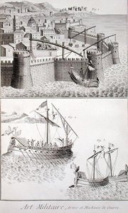 罗马的海战机械，摘自丹尼斯-狄德罗（1713-84）的《科学与计量学百科全书》，约1770年出版（雕刻）。 作者 法语学校