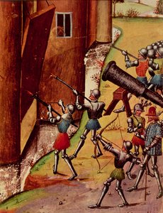 罗伊 17 f.1 手持大炮的士兵围攻一座城堡，选自《昆特诅咒》（Quinte Curse Ruffe des Fais du Grant Alexandre），约 1468 年（牛皮纸）。 作者 法语学校