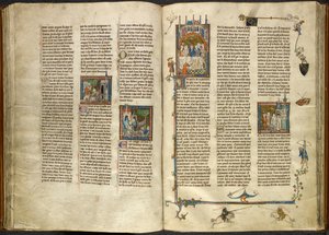 皇家 14 E. III, ff.88v-89 兰斯洛特从一口沸腾的井中取出他被斩首的祖父国王的头颅；一栋建筑倒塌压在两名骑士身上。右侧是亚瑟和吉娜薇在宴会上就坐的缩影，选自 "Estoire del Saint Graal"、 作者 法语学校