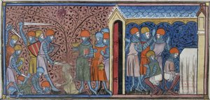 皇家 16 G. VI，f.185v 科尔多瓦曼苏尔的突袭，"Chroniques de France ou de Saint Denis"（牛皮纸）中的插图 作者 法语学校