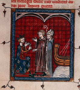 皇家 16 G. VI, f.337 国王菲利普二世和牧首，"Chronqiues de France ou de Saint Denis"（牛皮纸）插图 作者 法语学校