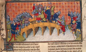 皇家 20 C.VII，第 137 页 百年战争期间塞纳河大桥上的战斗，选自《Chroniques de France ou de St.Denis》（牛皮纸）。 作者 法语学校