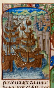 皇家 20 E.III，fol.186v，法国舰队在 Sluys 遭到攻击，选自 "Chroniques de France ou de Saint Denis"（《法国或圣德尼纪事》）。 作者 法语学校