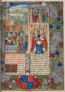 皇家 20 E. V, f.8 查理七世加冕，1487 年 "Chroniques de France ou de Saint Denis "中的场景（牛皮纸） 作者 French School